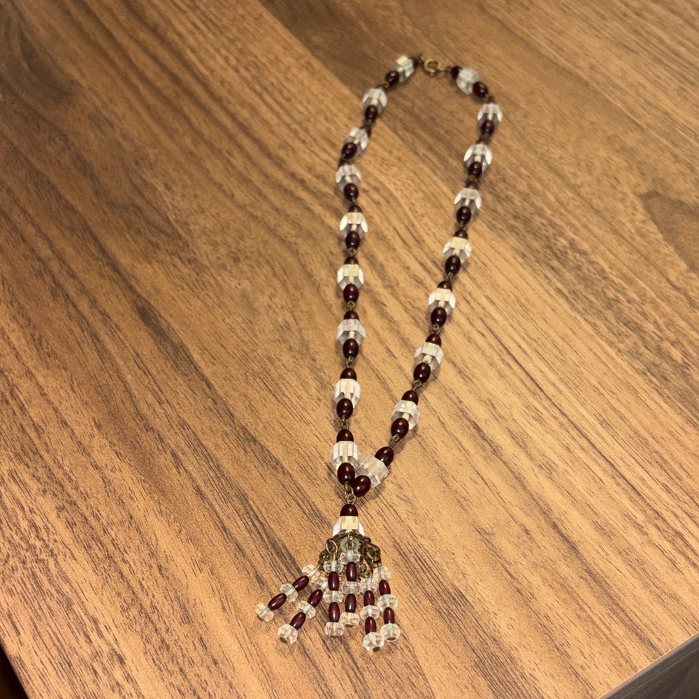 Vintage glass and wood fringe necklace